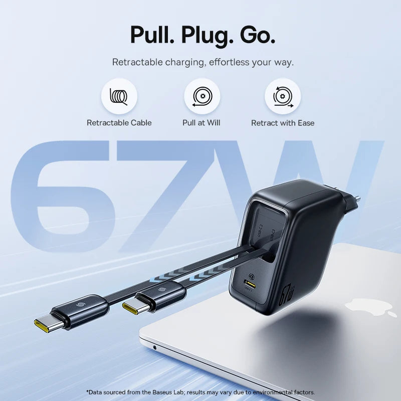 Baseus 67W GaN Charger With Dual Retractable Cable Fast Char
