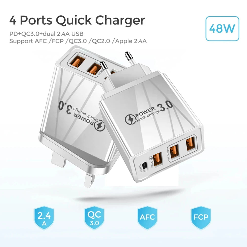 48W 3USB Fast Charger Type C QC 3.0 Portable Wall Charger PD