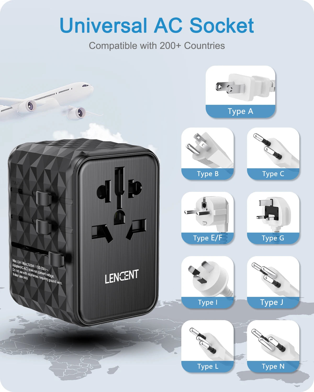 LENCENT 65W GaN Universal Travel Adapter with 2 USB 3 Type C