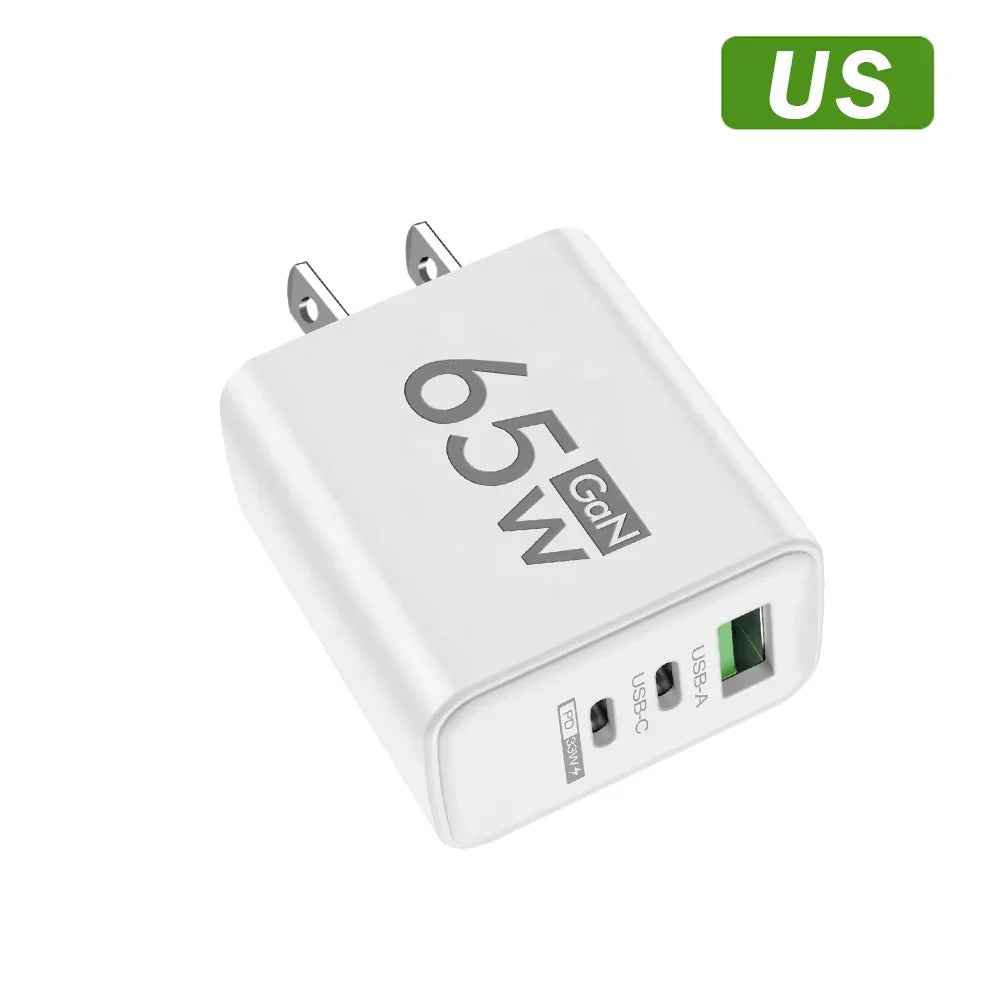 GaN PD 65W USB High Speed Charger For iPhone Samsung Huawei Xiaomi Oneplus Fast Charge Type C Mobile Phone Wall Adapter EU/US/KR