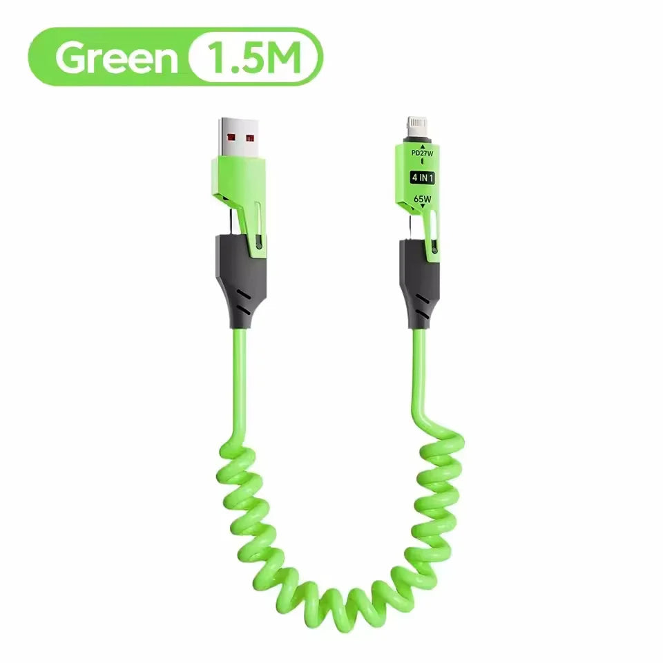 4 in 1 65W Spring Short Data Cable 6A USB Type C Spring Telescopic Quick Charger Wire Spring USB Cable for iPhone 15 14 13 12