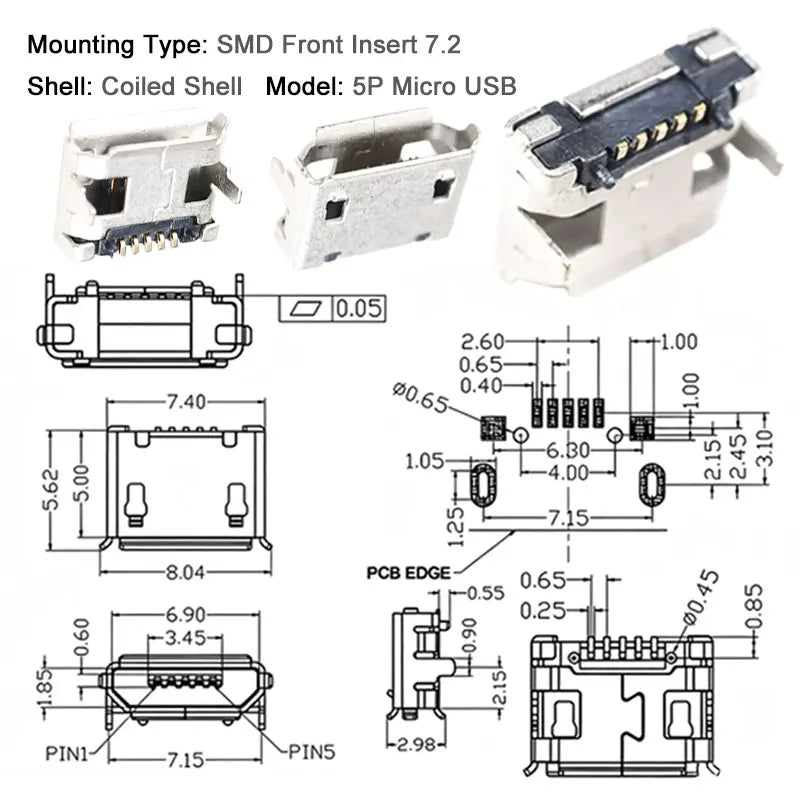 10PCS Micro USB Android Female Charging Socket Flat Edge Crimped Type 5Pin 4 Mounting Pins SMD & DIP Tail Connector