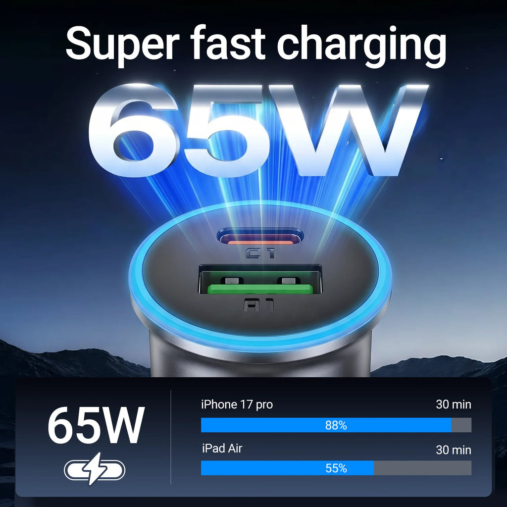 ACEFAST Metal Mini PD65W Fast Charging Car Charger For iPhon