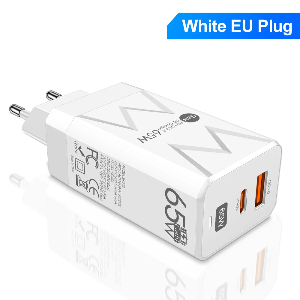 PD 65W GaN Charger for Ipad Laptop USB Type C Super Fast Charging QC3.0 Adapter Notebook Tablet PC for Macbook Huawei Matebook