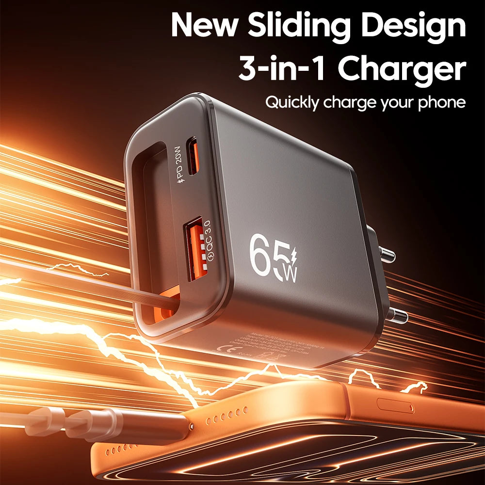 65W GaN Super Fast Charger Type C EU US UK Plug Retractable 