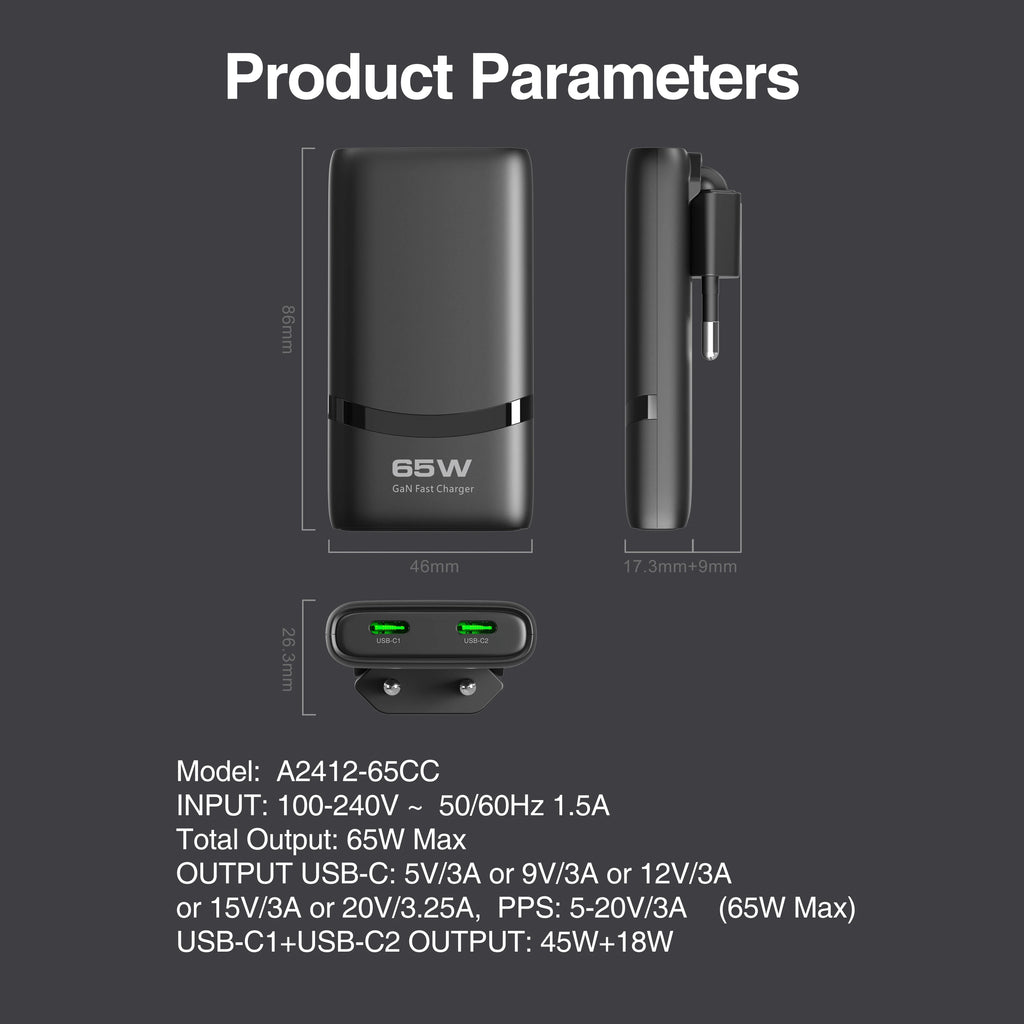 65W GaN 2-port Flat USB-C Wall Charger With USB C Fast Charg
