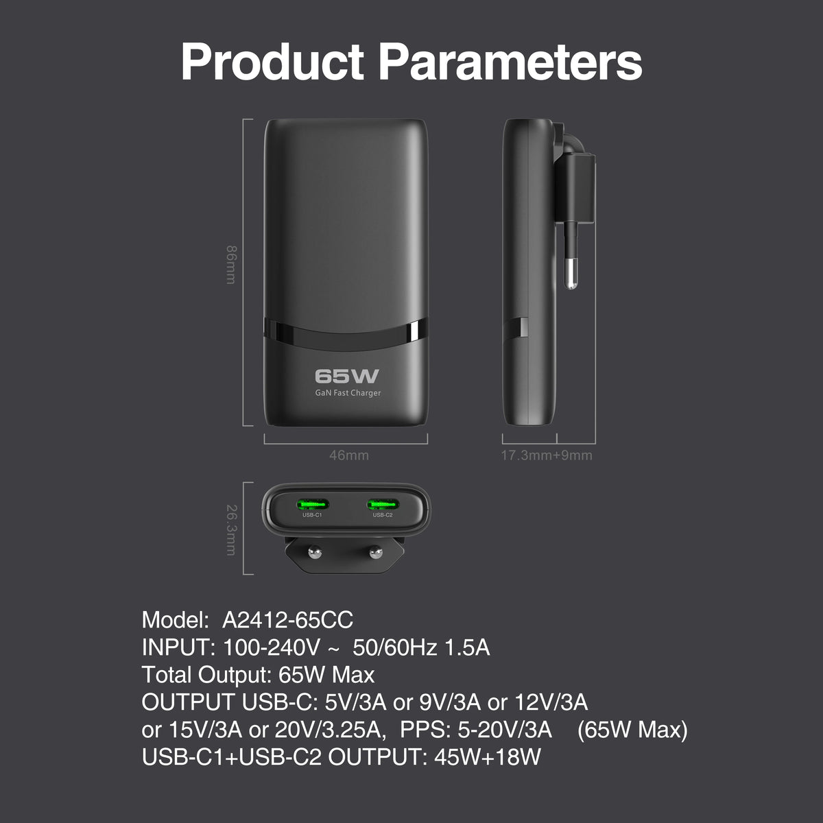 65W GaN 2-port Flat USB-C Wall Charger With USB C Fast Charg