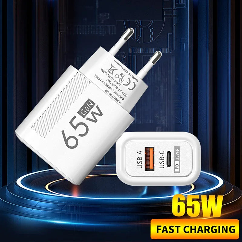 65W GaN Fast Charging USB Type-C Charger US EU Plug USB PD Q