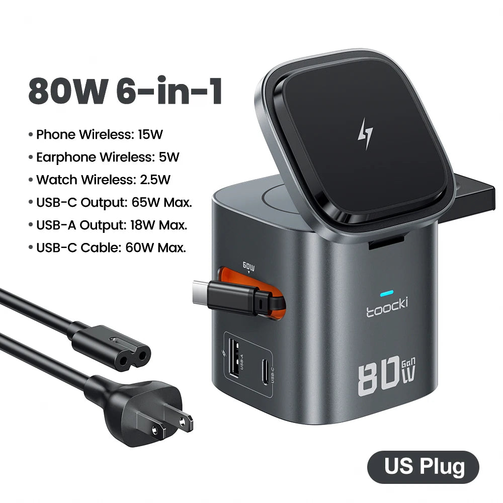 Toocki 6-in-1 80W GaN Charging Station Magnrtic Wireless Type C PD 65W Retractable For iPhone 16 17 iWatch AirPods Fast Charger
