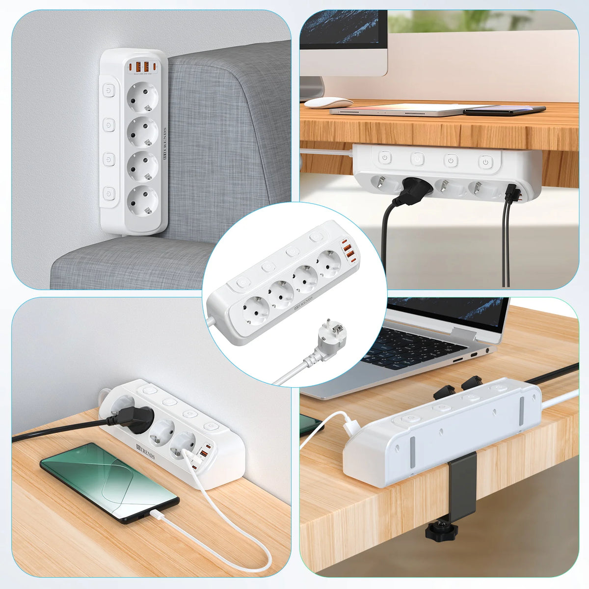 EU Plug Multi-Function Power Board 2 USB and 2 Type-C Ports 