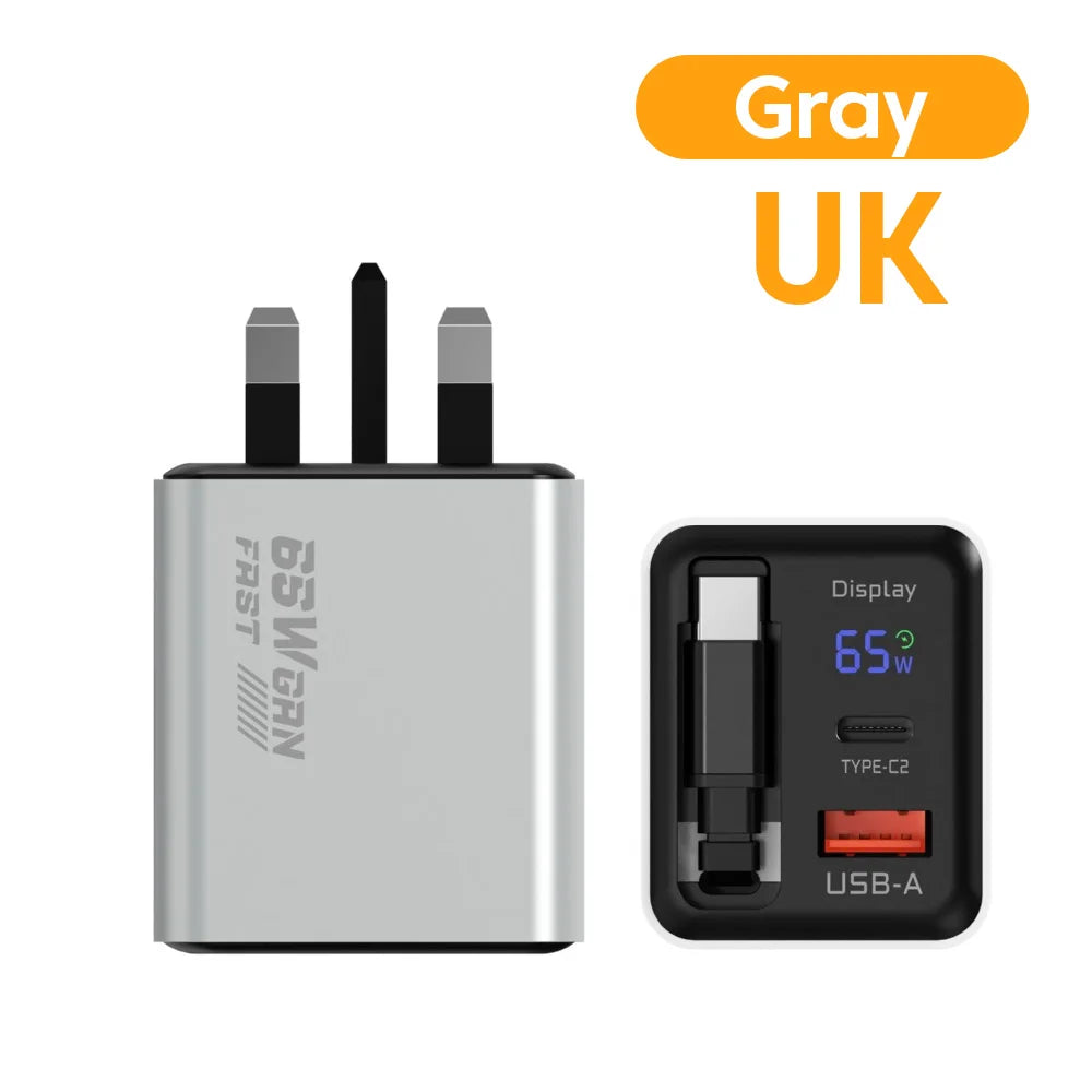 65W GaN USB Phone Charger With Retractable Type C Cable Super Fast Charge Charger Adapter For iPhone 17 Samsung Wall cargadores