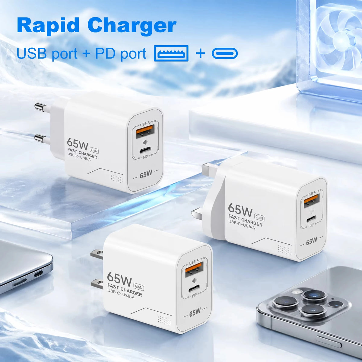 65W GaN USB C Charger 2-Port Fast Charging Phone Charger Pow