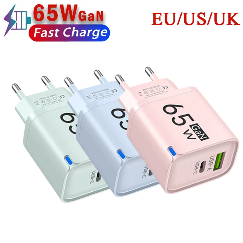 65W GaN USB Charger Type C Fast Charging Mobile Phone Travel Adapter USB Quick Charge3.0 For iPhone Samsung Xiaomi EU/US/UK Plug