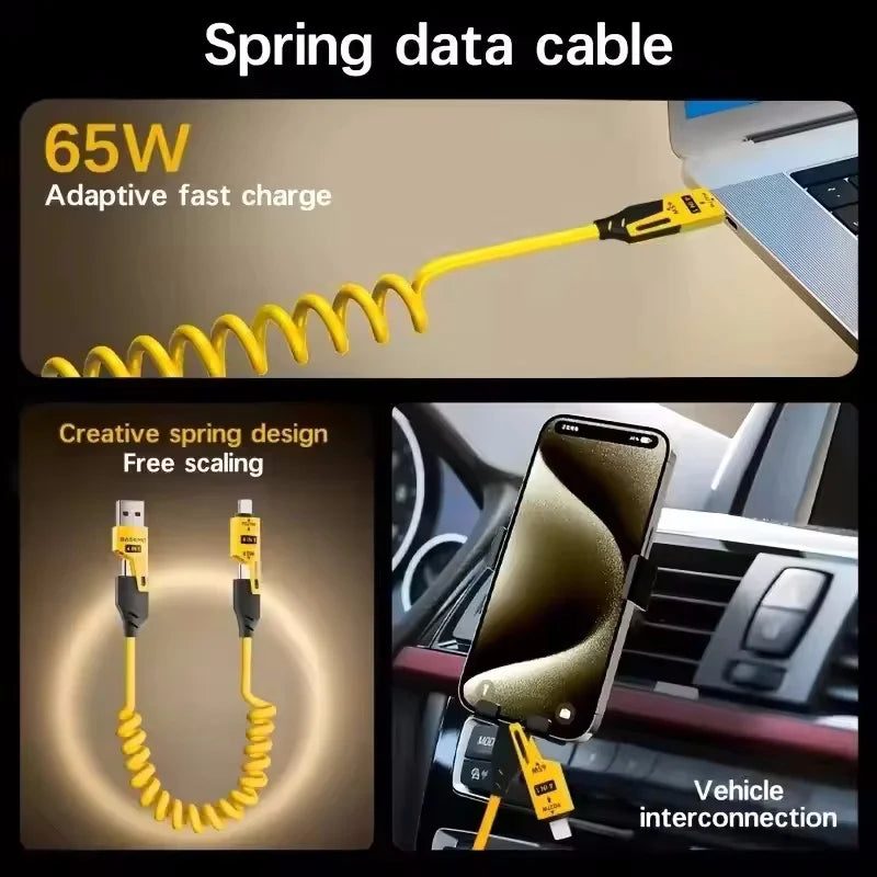 2PCS 4 in 1 65W Spring Short Data Cable 6A USB Type C Spring
