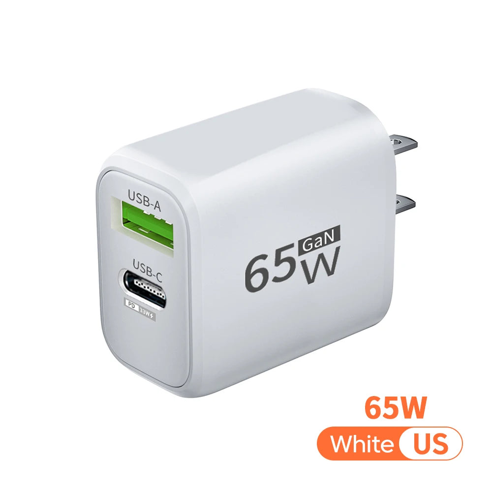 2 in 1 USB C GaN Charger 65W Fast Charging Adapter 10A USB To Type C Data Cable PD + USB QC3.0 Charger for iPhone Samsung Xiaomi