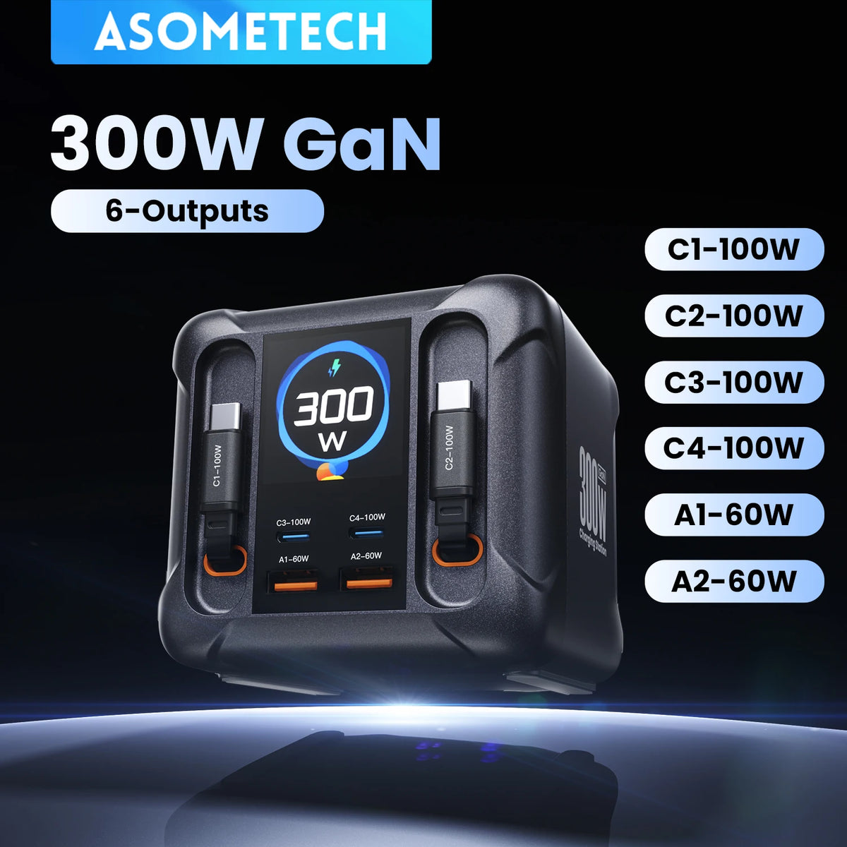 ASOMETECH 300W GaN USB Charger LED Display Retractable Type 