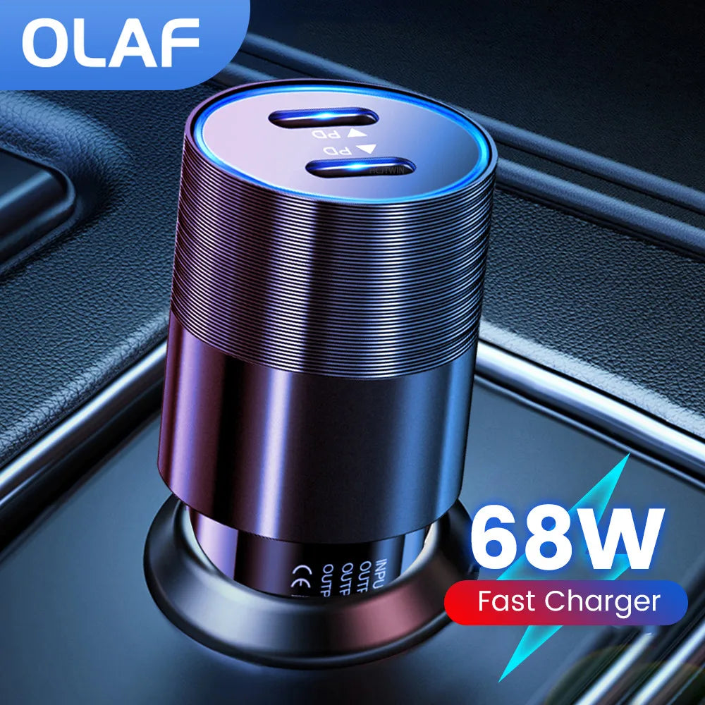 68W Dual USB Type C Car Charger Metal Auto PD Charger Adapte