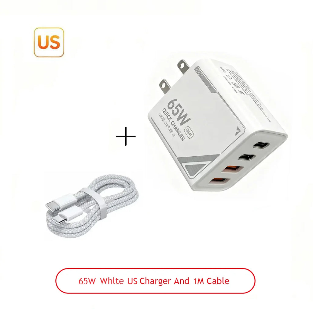 65W GAN Pattern Multi Port Travel Fast Charger Black Yellow White Optional EU US Plug Charging Kit with 1M Braided USB C Cable