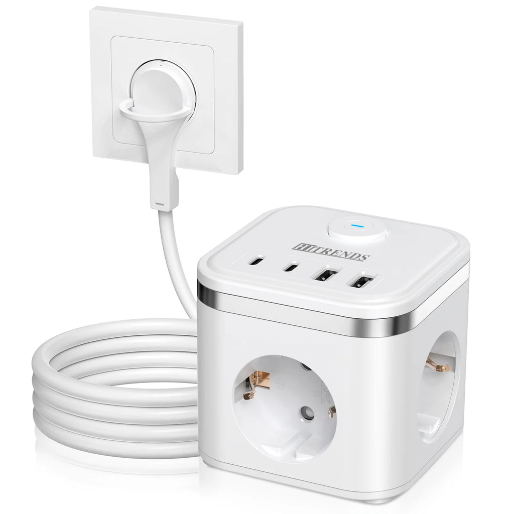 7-in-1 EU Multi-function Power Board Ultra-thin Flat Plug with 3 AC Power Outlets 2 USB-C and 2 USB-A 2-Meter Extension Cords
