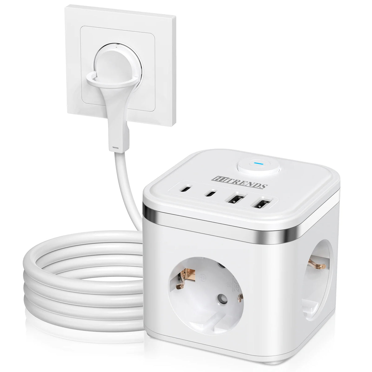 7-in-1 EU Multi-function Power Board Ultra-thin Flat Plug with 3 AC Power Outlets 2 USB-C and 2 USB-A 2-Meter Extension Cords