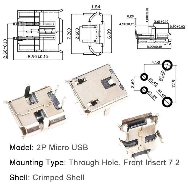 10PCS Micro USB Android Female Charging Socket Flat Edge Crimped Type 5Pin 4 Mounting Pins SMD & DIP Tail Connector