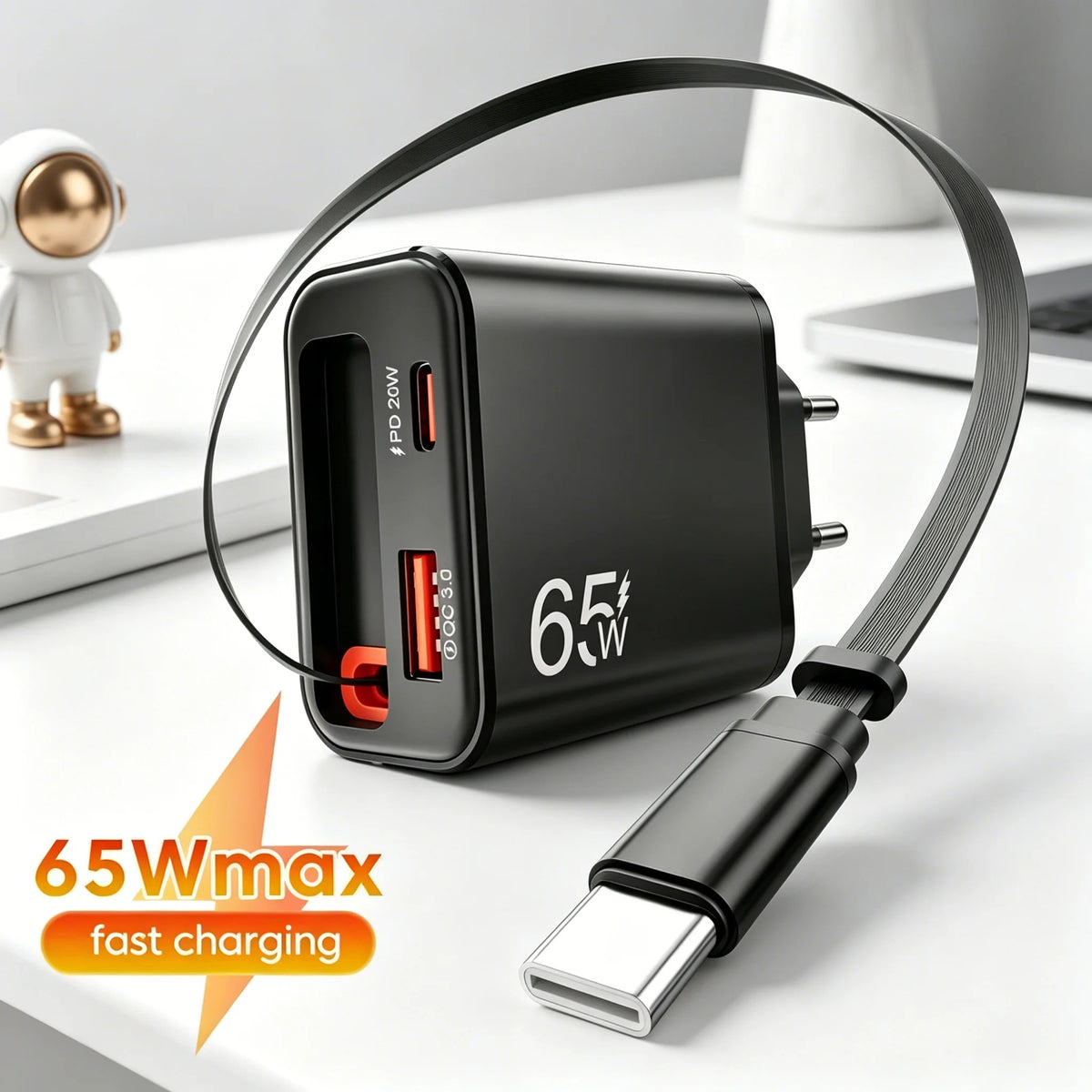 65W USB Phone Charger With Retractable Super Fast Charging T