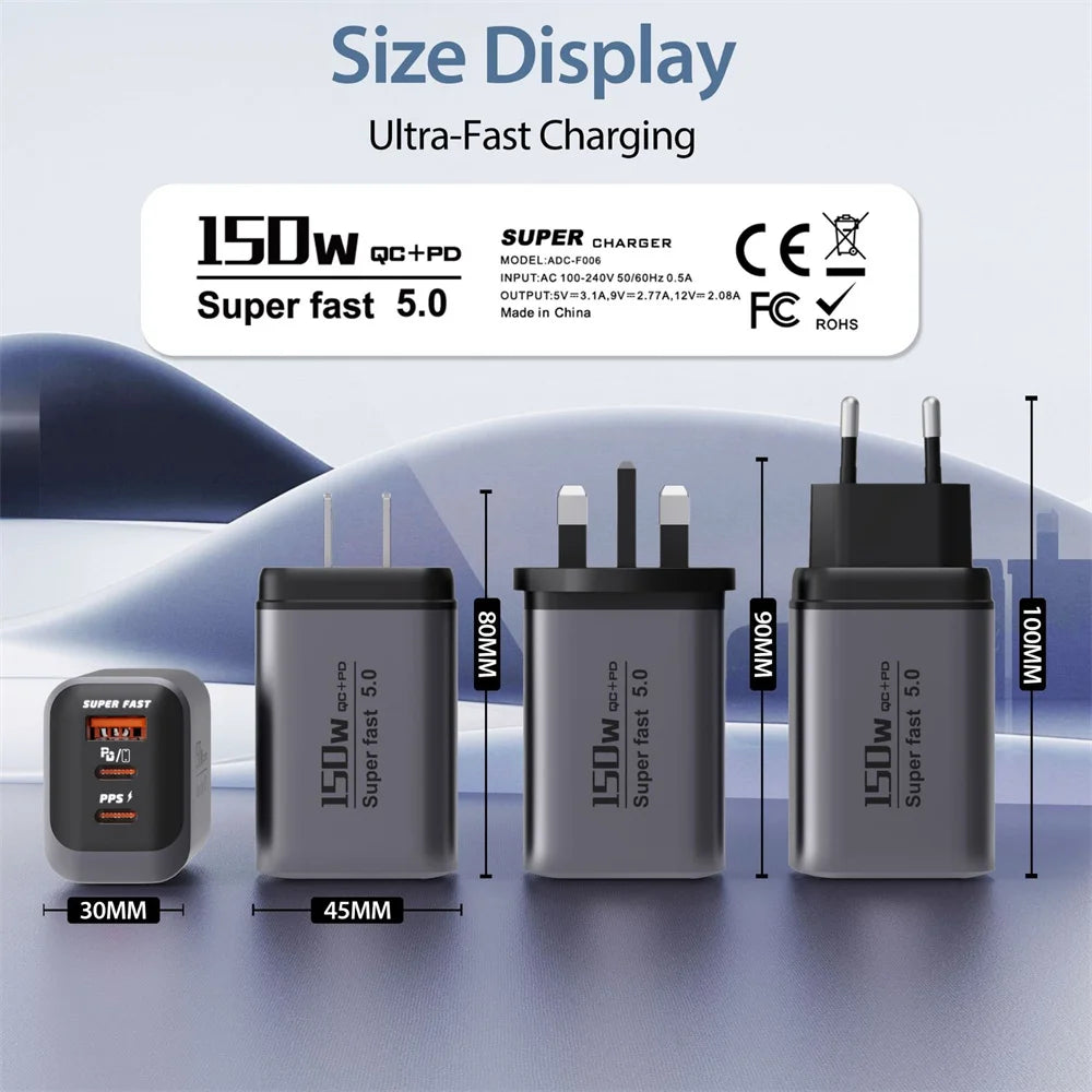 USB Type C 150W Charger USB QC3.0 Fast Charging Mobile Phone