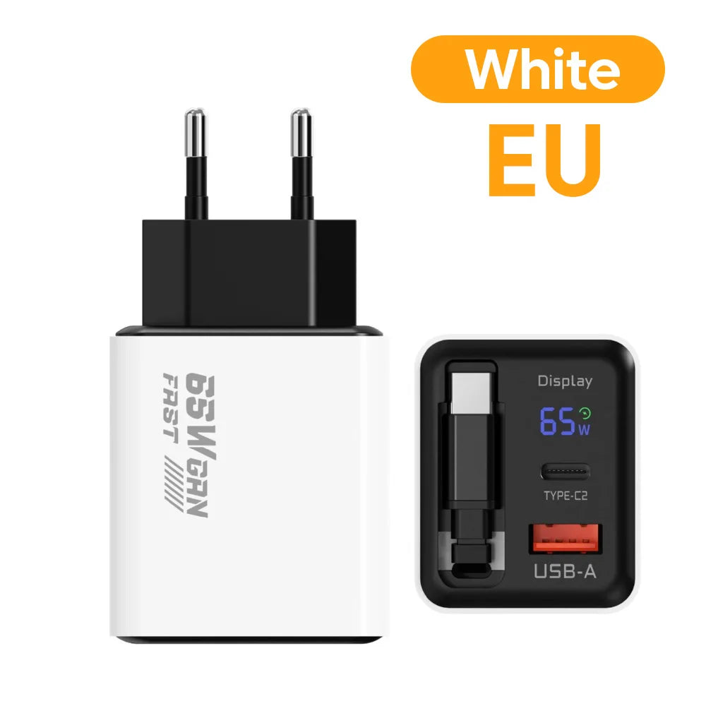 65W GaN USB Phone Charger With Retractable Type C Cable Super Fast Charge Charger Adapter For iPhone 17 Samsung Wall cargadores