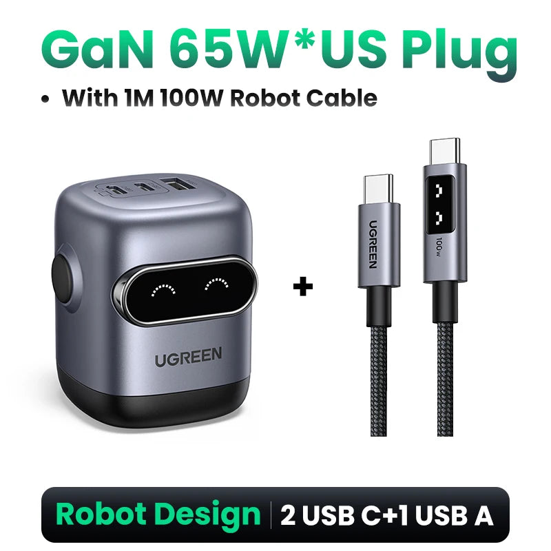 US Plug UGREEN 65W 30W GaN Charger Robot Design QC4.0 3.0 PPS for iPhone 18 17 16 Pro Macbook Laptops Tablet PD3.0 Fast Charg