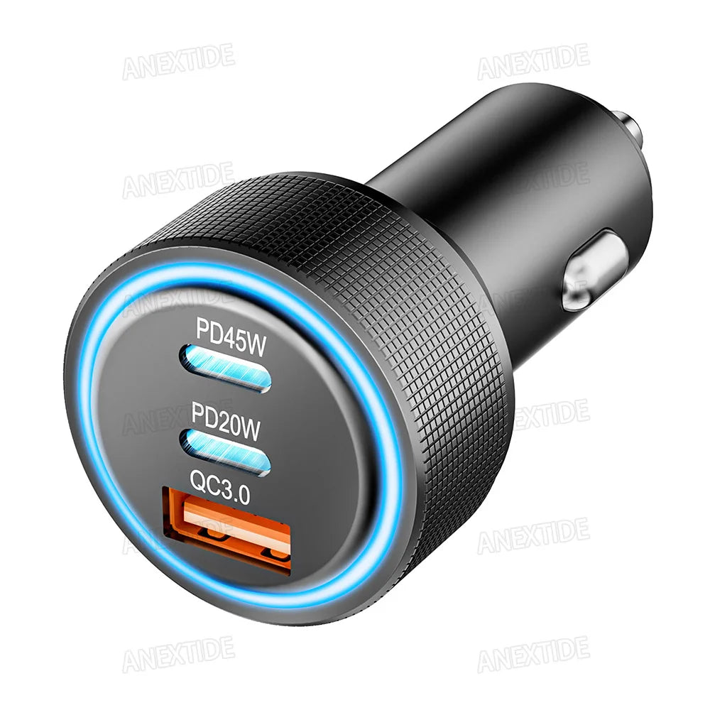 USB C Car Charger 3-Port 67W Dual USB-C & USB-A Car Power Ad
