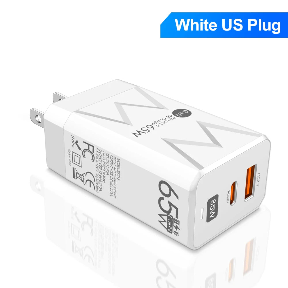 PD 65W GaN Charger for Ipad Laptop USB Type C Super Fast Charging QC3.0 Adapter Notebook Tablet PC for Macbook Huawei Matebook