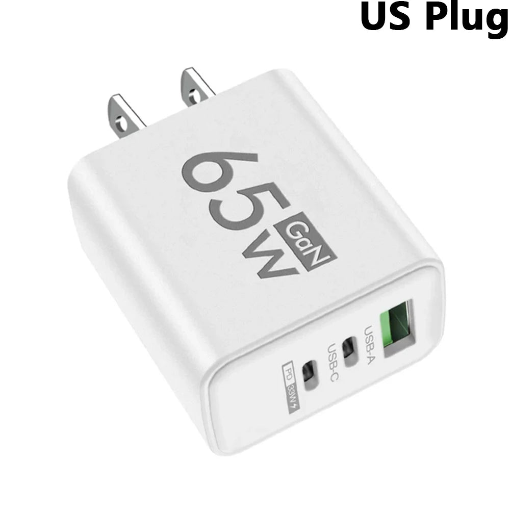 65W GaN USB C PD Fast Charger QC 3.0 Wall Adapter for iPhone 17 16 Pro Max Samsung Xiaomi Huawei EU US KR Plug Quick Charge 3.0
