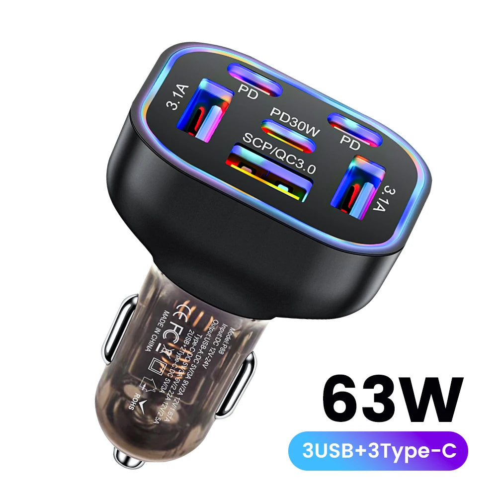 Olaf 3A+3C 63W Car USB Charger 6 Ports Fast Charging Type C Car Charger Adapter For iphone Samsung Huawei Xiaomi Mobile Chargers