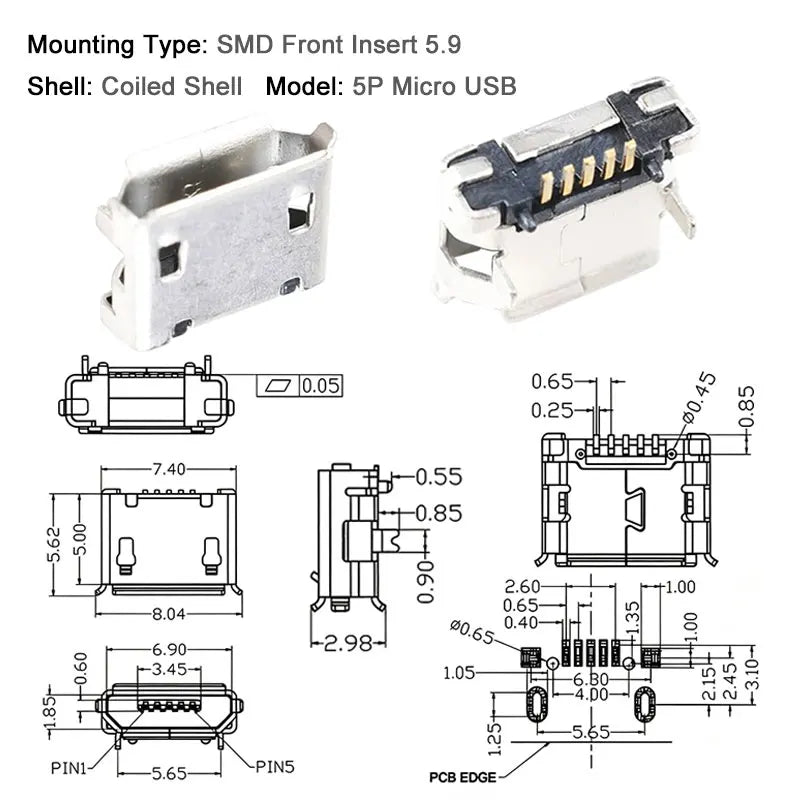 10PCS Micro USB Android Female Charging Socket Flat Edge Crimped Type 5Pin 4 Mounting Pins SMD & DIP Tail Connector