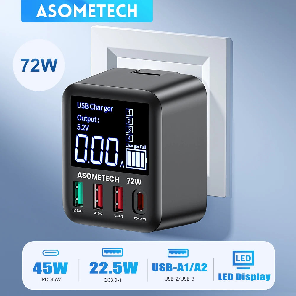 ASOMETECH 72W GaN USB Charger 4 Port With LED Display QC3.0 