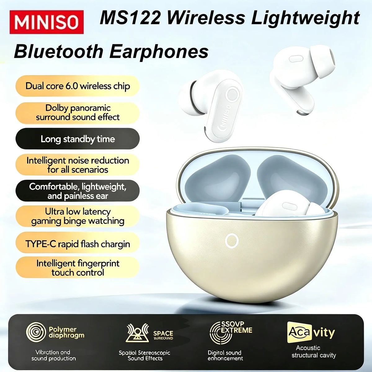 MINISO MS122 Wireless Bluetooth Earphones Stable Connection Headphones with Mic Noise Reduction Long Battery Life