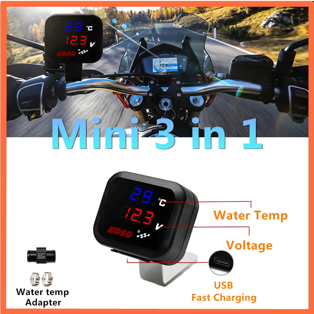 KOSO Water Temp Meter Voltmeter Gauge Motorcycle Phone USB C