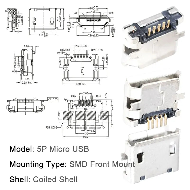 10PCS Micro USB Android Female Charging Socket Flat Edge Crimped Type 5Pin 4 Mounting Pins SMD & DIP Tail Connector