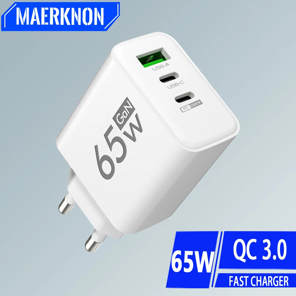 65W 3 Ports USB GaN Charger QC3.0 PD Type Fast Charging EU/U