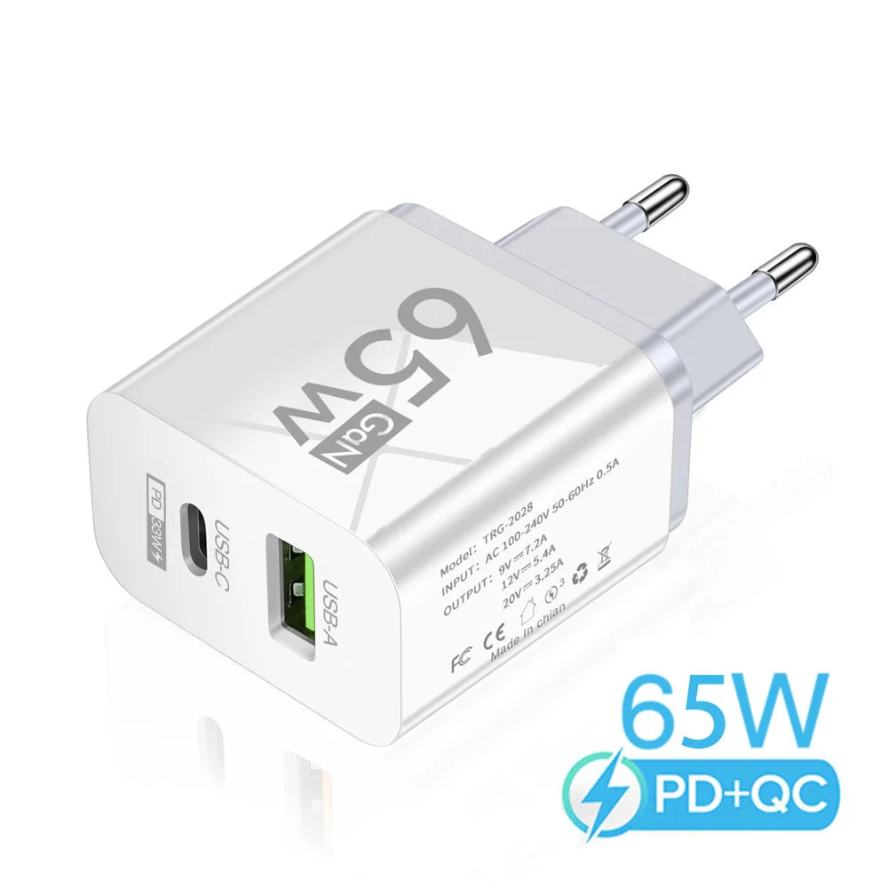 65W GaN USB C Charger Dual Port PD3.0 QC3.0 Fast Wall Adapter Type-C USB-A for iPhone Samsung Xiaomi Laptop EU US Plug Travel
