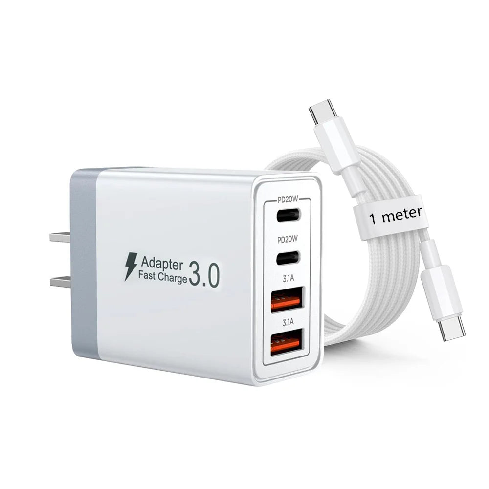 EU/UK/US/AU Plug Multi-Port USB-C/USB-A Wall Charger with Type C Cable 40W Dual PD Fast Charging Block Mobile Phone Adapter