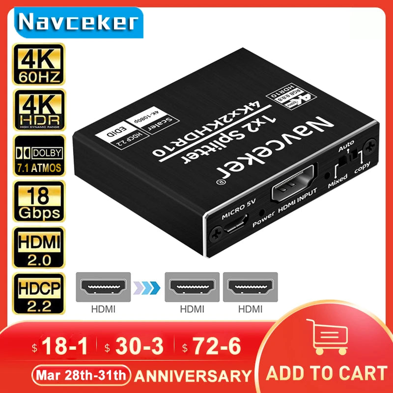1x2 4K 60Hz HDMI-compatible Splitter 1 in 2 Out Video Distri