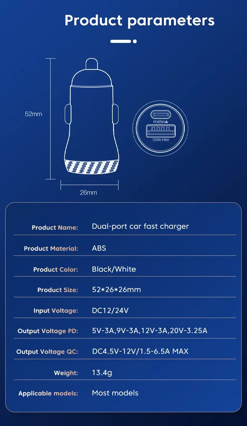 PD65W USB-A USB C Car Charger for iPhone 16 15 14 13 12 11 P