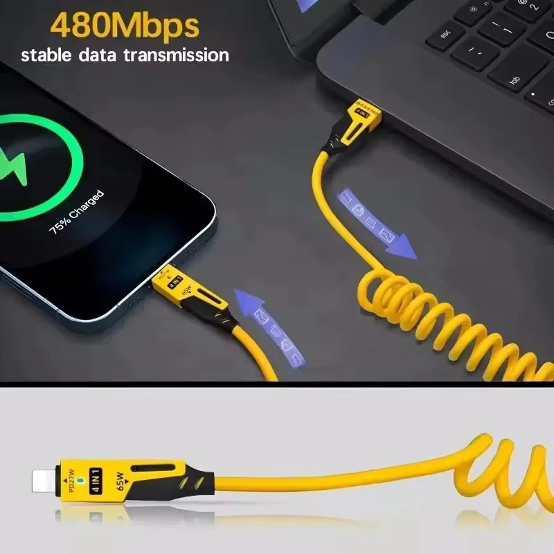 2PCS 4 in 1 65W Spring Short Data Cable 6A USB Type C Spring