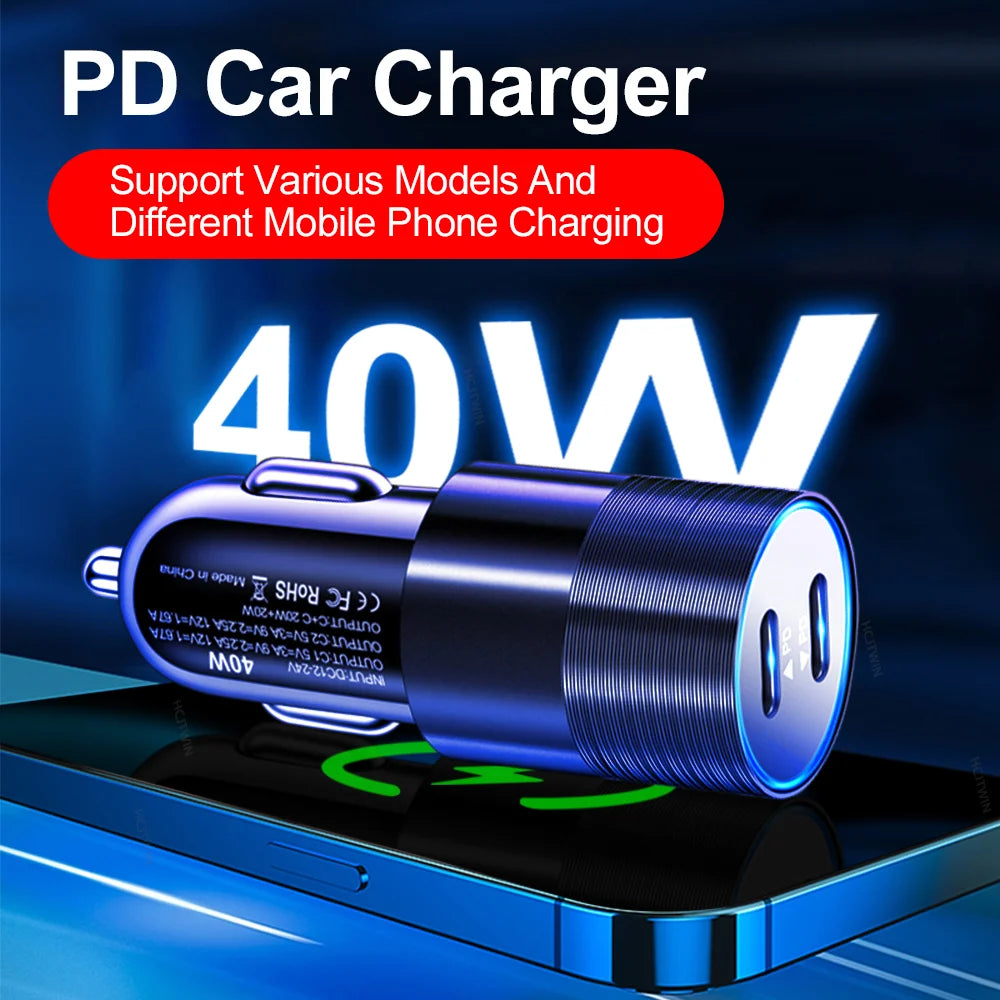 68W Dual USB Type C Car Charger Metal Auto PD Charger Adapte