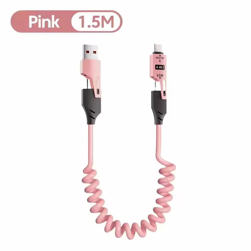 65W Spring Short Data Cable 6A USB Type C 4 in 1 Spring Telescopic Quick Charger Wire Spring USB Cable for iPhone iPad MacBook